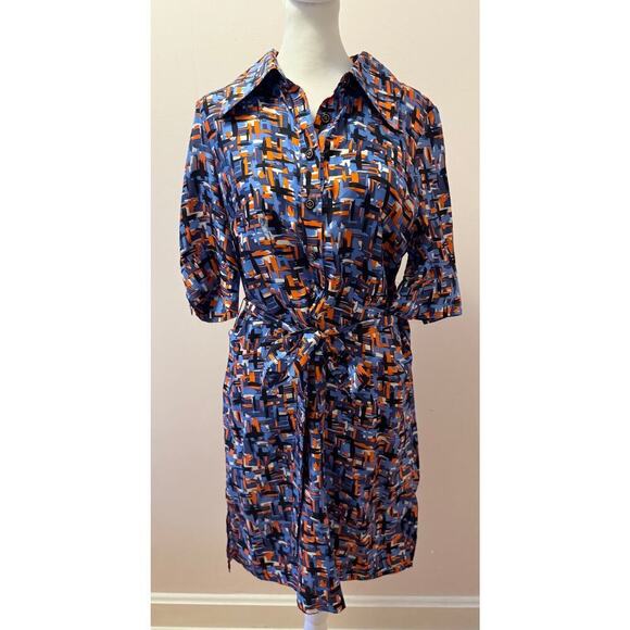 MILLY Vintage 100% Silk Abstract Patterned Button Tie Waist Shirt Dress Size 8 - Picture 1 of 6